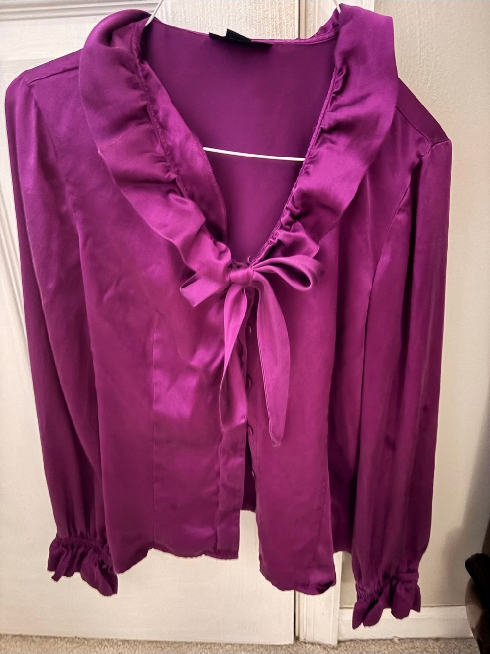 Alfani Satin Tie-Neck Blouse in Fuchsia